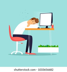 Businessman fell asleep in the workplace. Business characters. Workplace. Office life. Flat design vector illustration.