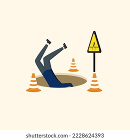 businessman fell into a hole. Failure or mistake leads to disaster despair, business hazard or accident, trouble, trouble or risk from crisis or recession, loss or trap concept.