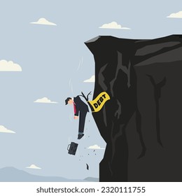 Businessman fell from a ravine stuck in a tree trunk with the flag DEBT word. Bankrupt helped by debt concept vector illustration