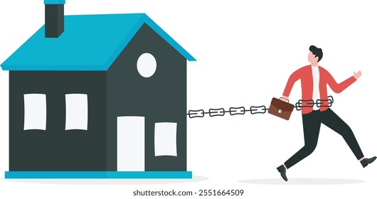 Businessman felt depressed and got chained with a home icon symbol. Mortgage debt vector illustration

