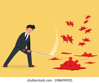 Businessman fight against viruses with sword. Concept of War Against Corona in Business World