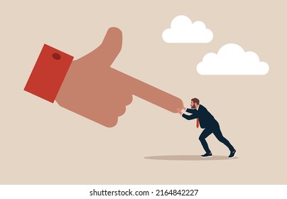 Businessman fight and keep pushing against giant business hand. Conflict against boss or employer,  fight against super power people, challenge and ambition to do right thing.
