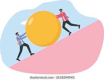 businessman fight from obstacle problem. Businessman carry a big blue ball and step up the mountain. pushing the problem of chaos. Business Concept

