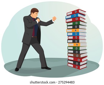 Businessman is fighting against the file folders stack