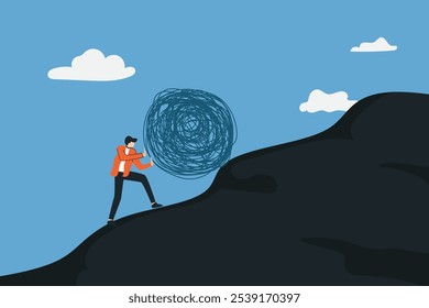 Hombre de negocios luchando contra la complejidad del problema, luchando contra el empuje del problema.