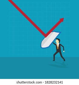 Businessman fighting falling stock, Vector illustration in flat style