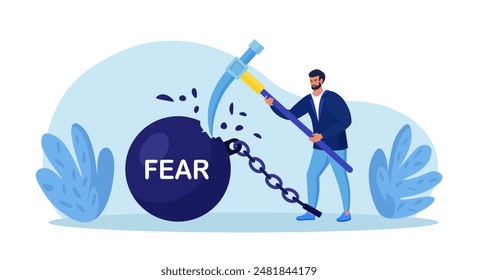 Businessman fighting with fear. Person smashed chained fear ball. Overcome fear, challenge difficulty. Character win over obstacle or difficulty. Confrontation or confidence to defeat fear