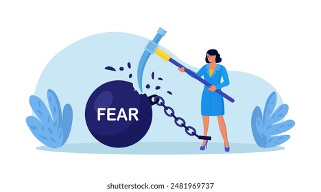 Businessman fighting with fear. Person smashed chained fear ball. Overcome fear, challenge difficulty. Character win over obstacle or difficulty. Confrontation or confidence to defeat fear