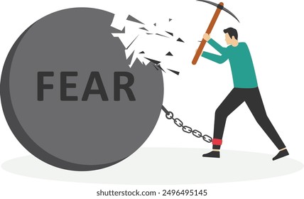 Businessman Fighting with Fear, Person Smashed chained fear ball, Face everything and Rise concept

