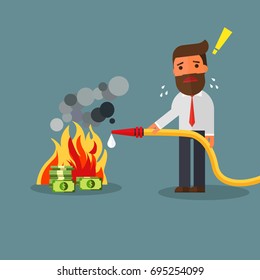 businessman fighting fire burning money