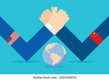 Businessman fighting globe with China and USA flag, Vector illustration design concept in flat style