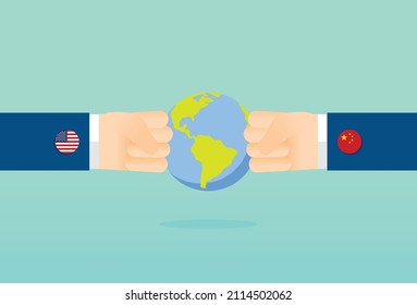 Businessman fighting globe with China and USA flag, power struggle, scramble for leadership, world power, Vector illustration design concept in flat style