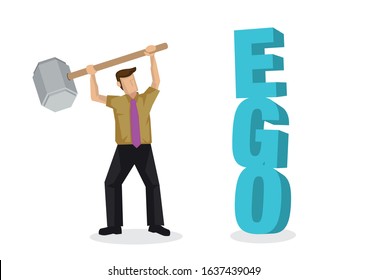 Businessman fighting his own ego by destroying a 3d text of ego block when finding a way to success. Concept of career obstacle, self sabotage or self-esteem. Flat isolated vector illustration.