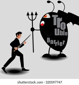 Businessman Fighting With Monster From Trouble Barrier. Vector Illustration