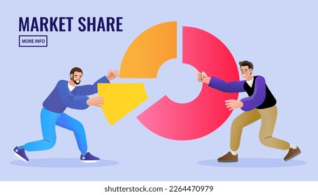 Businessman fighting for more market share pie chart. Market share percentage of industry sale, business competitor fight or battle to gain more sale concept. battle to gain more sale. Vector