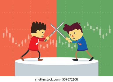 Businessman fighting on stage with blade which have a stock chart background. Competition of stock in uptrend and downtrend.