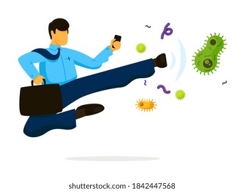 Businessman fighting virus. Businessman fighting virus influenza infection, kicking bacteria and germ isolated on white background. Flu outbreak prevention vector illustration