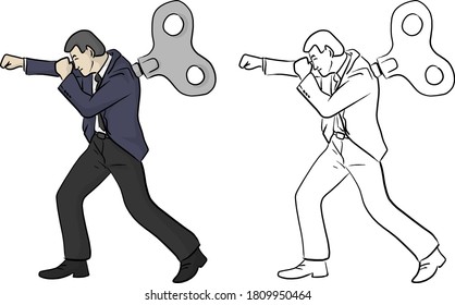 businessman fighting with windup on his back vector illustration sketch doodle hand drawn with black lines isolated on white background