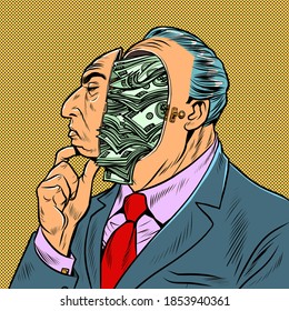 The businessman is filled with thoughts about finances and money. Pop art retro illustration kitsch vintage 50s 60s style