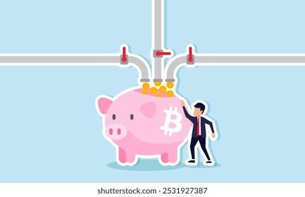 A businessman is filling a piggy bank with Bitcoin using several pipes, illustration of the effort to gather more Bitcoin assets