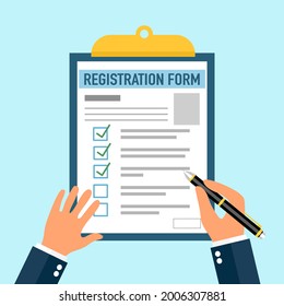 Businessman filling registration form document in flat design.