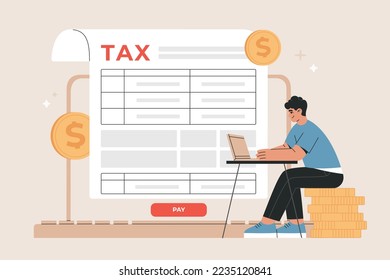 Businessman filling tax form using internet. Online tax submitting system. Electronic payment of Invoice, digital receipt. Hand drawn vector illustration isolated on background, flat cartoon style.