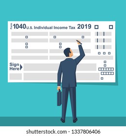 Businessman Fills US Tax Form. Data analysis, paperwork, financial research, report. Businessman calculation tax. Flat design vector illustration. 