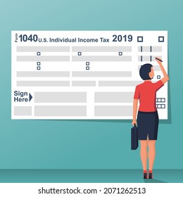 Businessman Fills US Tax Form. Data analysis, paperwork, financial research, report. Businesswoman calculation tax. Flat design vector illustration. 