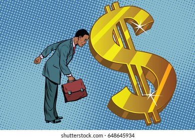 businessman and Finance, the man rested his forehead in dollars. African American people. Pop art retro vector illustration