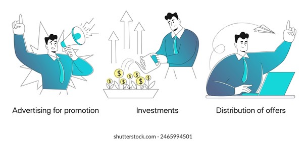 empresario consultor financiero inversor en estilos planos modernos. Concepto de alfabetización financiera, fondo mutuo o inversión creciente, crecimiento de beneficios o aumento de ingresos, ahorro, concepto de gestión de activos