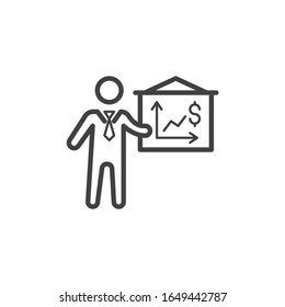Businessman and financial diagram line icon. linear style sign for mobile concept and web design. Dollar diagram presentation outline vector icon. Symbol, logo illustration. Vector graphics