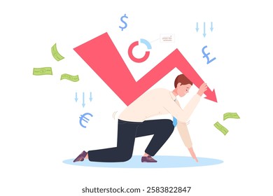 Businessman financial loss. Losing business career, worker entrepreneur rescue financial recession economic crisis stock market down failure bad profit company vector illustration original artwork