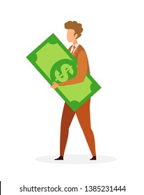 Businessman, Financier Flat Vector Illustration. Rich Man in Suit Holding Banknote Cartoon Character. Successful Entrepreneur, Investor Carrying cash. Professional Banking Service, Money Investment