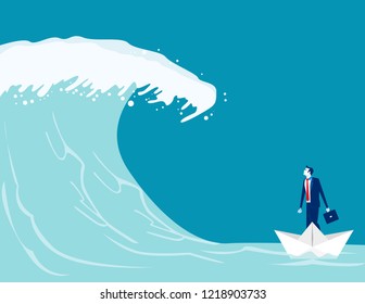 Businessman find barriers to success. Concept business vector illustration, Paper boat, Tsunami Wave, Challenge.