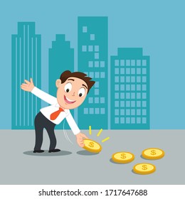 Businessman Find Coin On Floor, Illustration Vector Cartoon