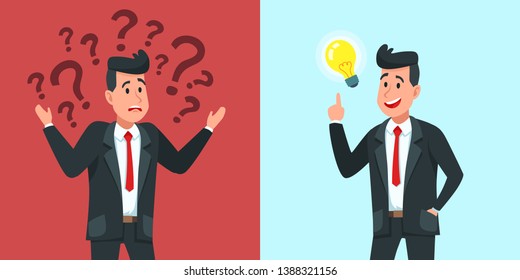 Businessman find idea. Confused business worker wonders and finds solution or solved problem cartoon vector illustration