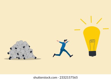 Businessman find lightbulb idea. Wasted unworkable ideas, business failure or too many abandoned projects concept, frustrated
