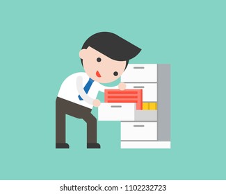 businessman finding document files in drawer, ready to use character office situation flat design