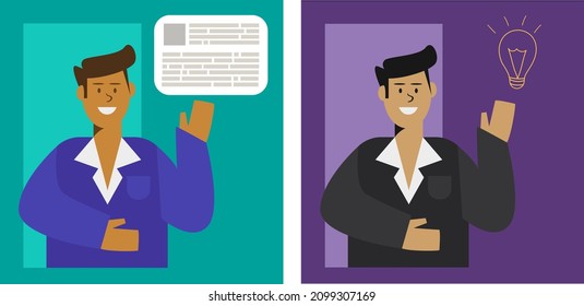 Businessman finding idea or solving problem, giving instruction flat vector illustration. Good idea for business reserch, work with stuff.