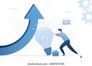 Businessman finding solution to achieve target, brainstorming, good idea for new project, leadership to complete mission concept. Employee pushing light bulb to raise arrow for growth. Flat vector