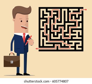 Businessman finding the solution of a maze. Business concept. Vector illustration