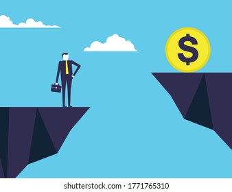 Businessman finding the way to get a money on top of mountain. Business solution concept. Vector flat design