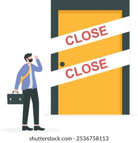 El hombre de negocios encuentra que la puerta se ha cerrado, ilustración de concepto de negocio, Vector, página de Web.
