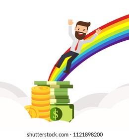 Businessman finds gold coin at the end of a rainbow