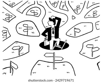 Businessman finds himself difficult to make decision because of too many directions or choices to choose. Cute character vector illustration, outline, thin line art, hand drawn sketch.