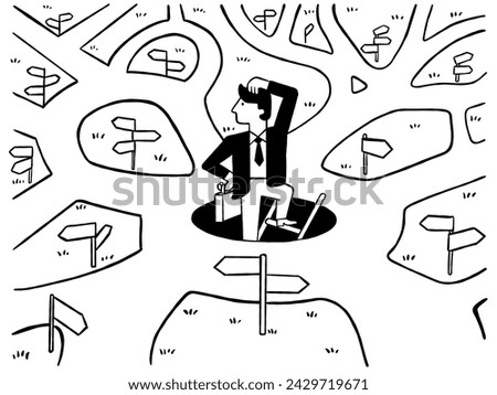 Businessman finds himself difficult to make decision because of too many directions or choices to choose. Cute character vector illustration, outline, thin line art, hand drawn sketch.
