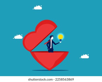 Businessman finds light in the heart. The concept of light in the mind. vector 
