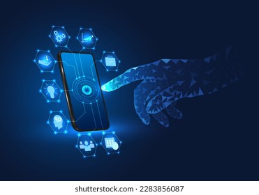 Businessman finger tapping on a smartphone with a business icon Refers to the technology of the future that helps business people manage well. It works through the internet system.