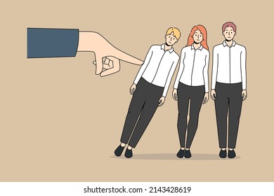 Businessman finger touch employees figures make them fall. Concept of domino effect at workplace. Strong male work leader push colleagues or rivals out. Vector illustration, cartoon character. 