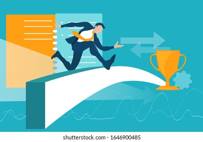 Businessman at the finish line making the las jump. Winning in business concept. 